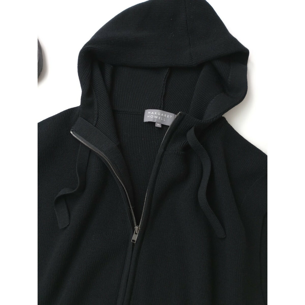25AW MARGARET HOWELL マーガレットハウエル 防縮メリノウール 12ゲージ 片畦編み ニット ジレ ジップアップフーディー 黒 ブラック M【中古】