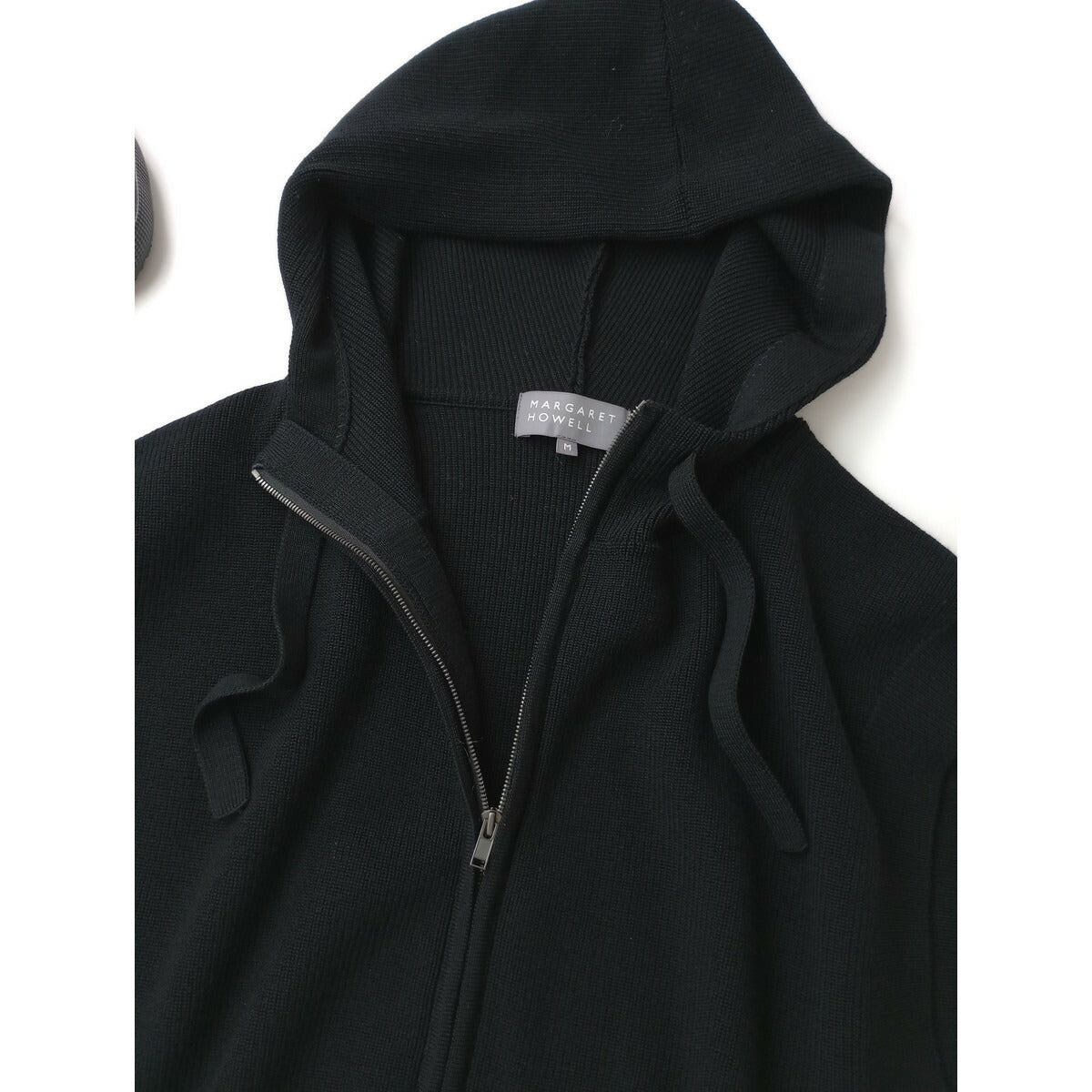 25AW MARGARET HOWELL マーガレットハウエル 防縮メリノウール 12ゲージ 片畦編み ニット ジレ ジップアップフーディー 黒 ブラック M【中古】