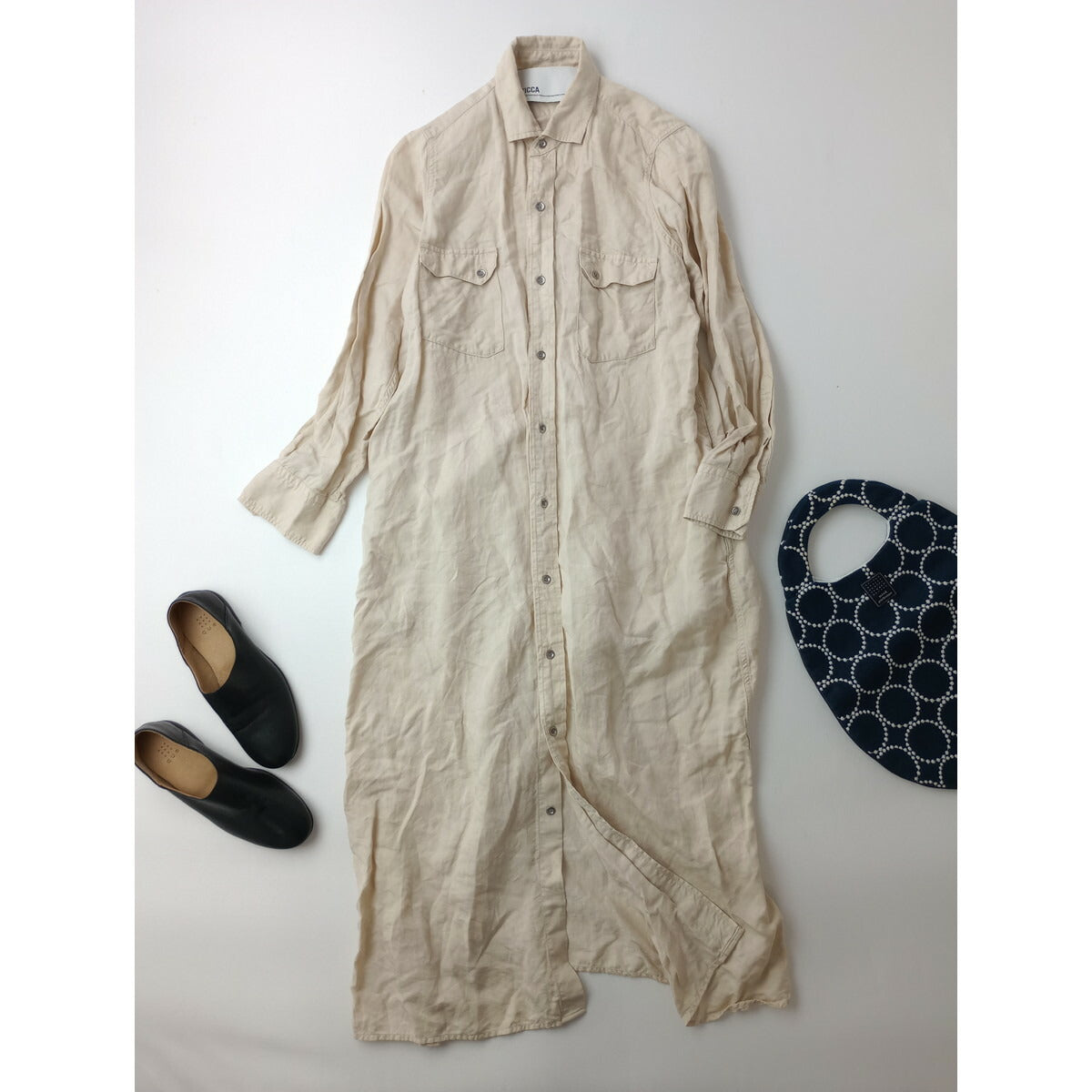 TICCA ティッカ リネン 麻 100％ 長袖 シャツ ワンピース ロング ライトベージュ F【中古】