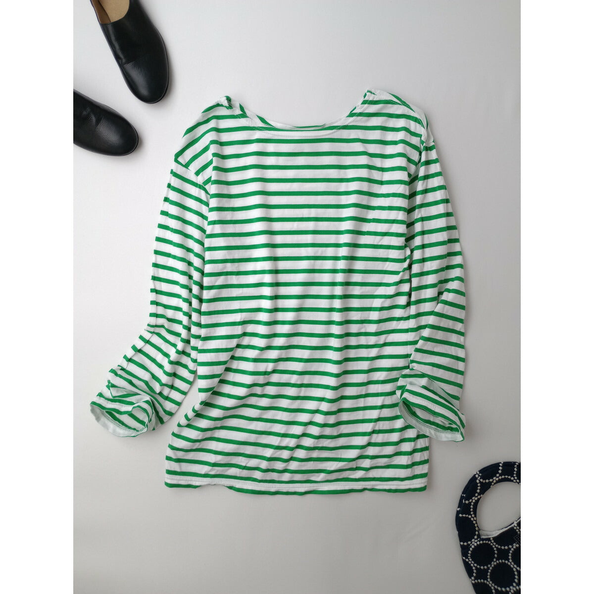 THE SHINZONE シンゾーン MARINE BORDER TEE コットン 綿 100％ マリン ボーダー Tシャツ トップス 長袖 カットソー グリーン 白 F【中古】