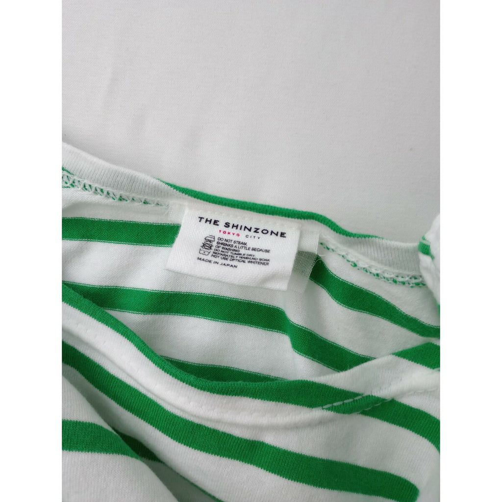 THE SHINZONE シンゾーン MARINE BORDER TEE コットン 綿 100％ マリン ボーダー Tシャツ トップス 長袖 カットソー グリーン 白 F【中古】