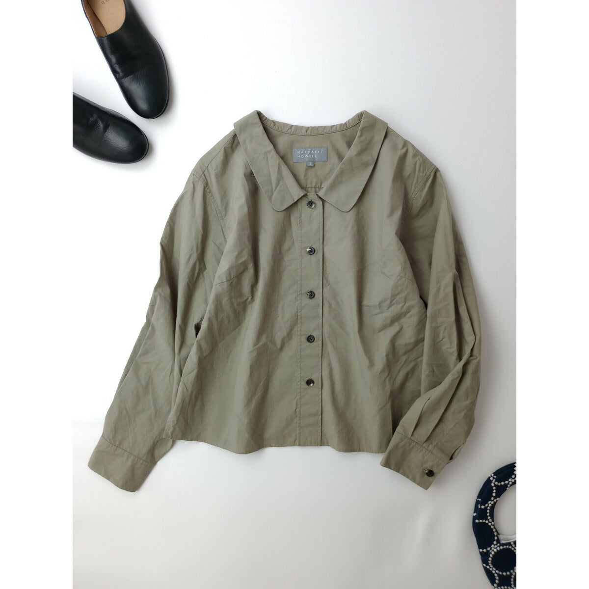 MARGARET HOWELL マーガレットハウエル COTTON WOOL POPLIN SHIRT 長袖 ブラウス シャツ トップス カーキ 2【中古】