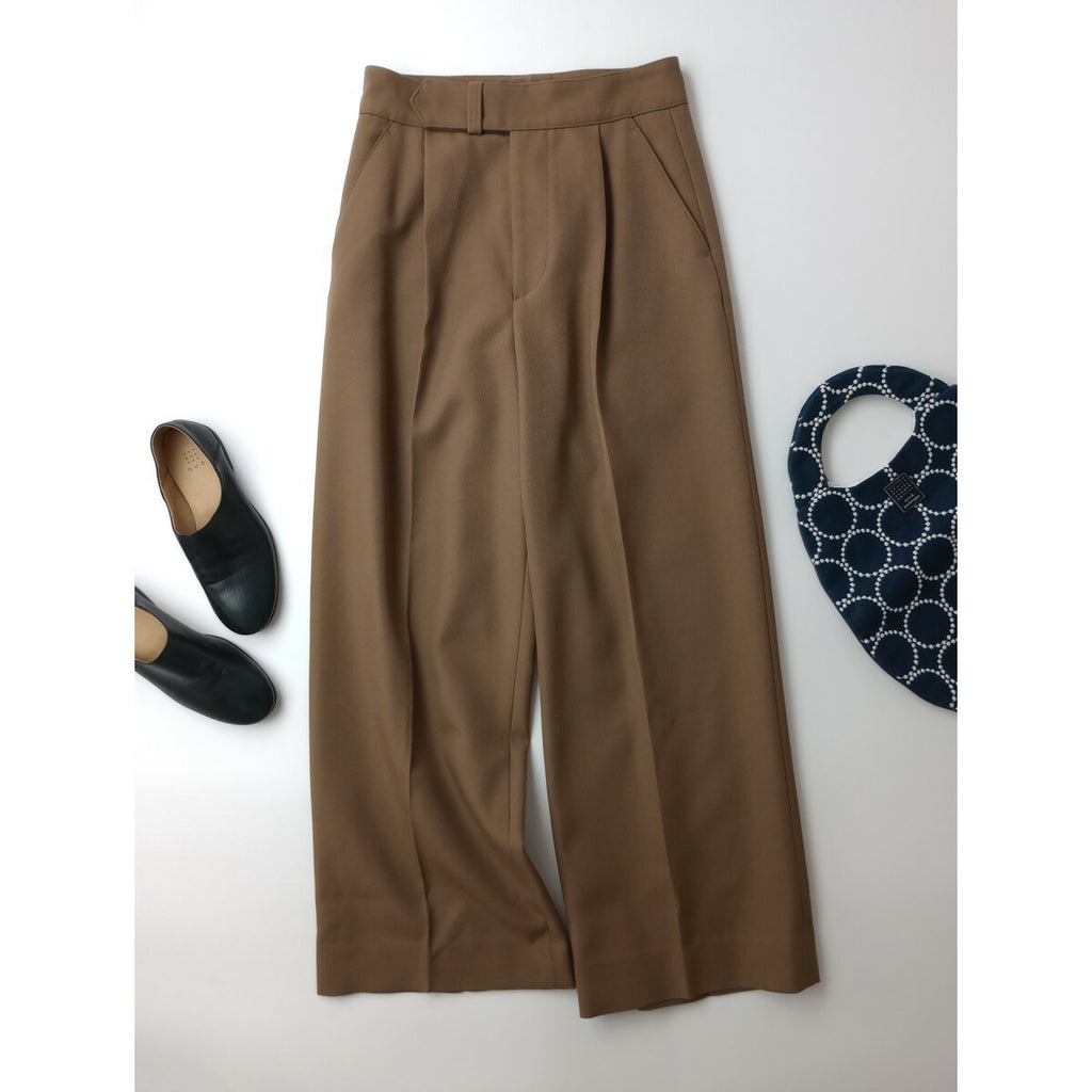 MARGARET HOWELL マーガレットハウエル WOOL GABARDINE TROUSERS ウール 毛 100％ ワイド パンツ ベージュ 2【中古】