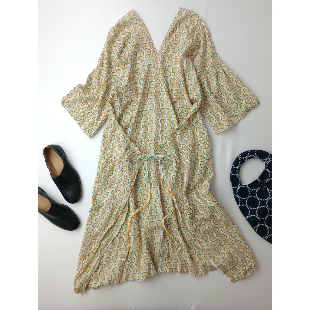 sankaku サンカク インド ブロック プリント ロングワンピース 花柄 オレンジ グリーン【中古】