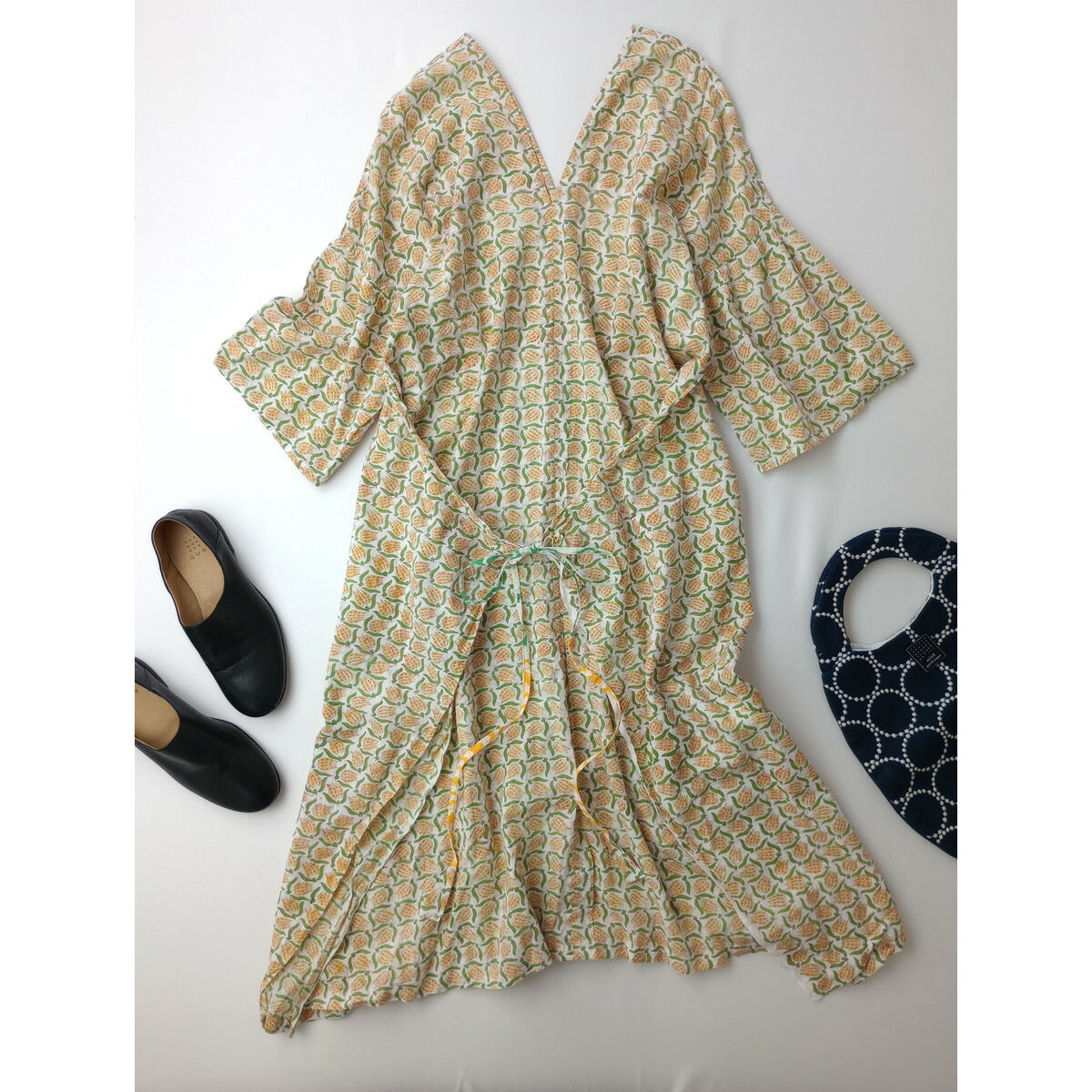 sankaku サンカク インド ブロック プリント ロングワンピース 花柄 オレンジ グリーン【中古】