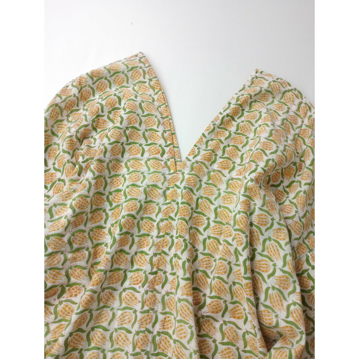sankaku サンカク インド ブロック プリント ロングワンピース 花柄 オレンジ グリーン【中古】