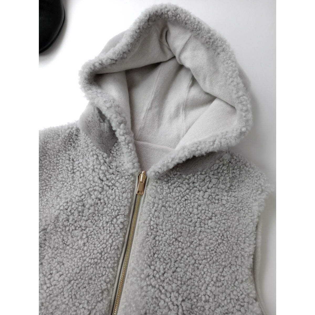 アパルトモン L'Appartement ReversibleVEST Mouton×Cashmere ラム 羊革 ウール カシミヤ リバーシブル フード ベスト グレー S (23M＋0369)【中古】