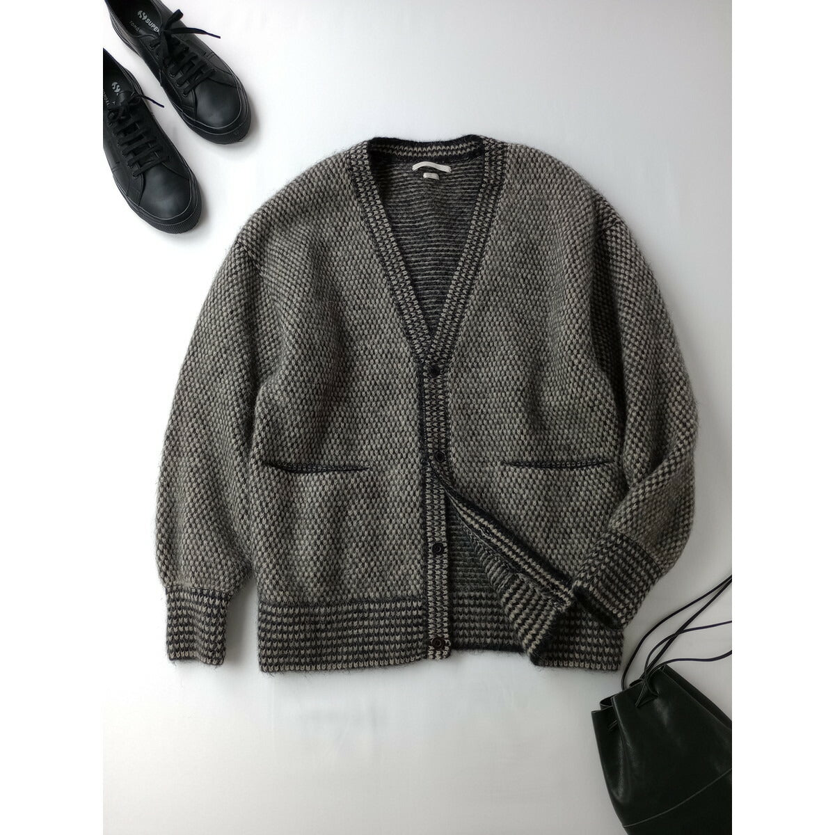 blurhmsブラームスAlpaca Bird's-eye Knit Cardiganアルパカウールバーズアイニットカーディガン 黒ブラック ライトベージュ 0 (25M＋0813)【中古】