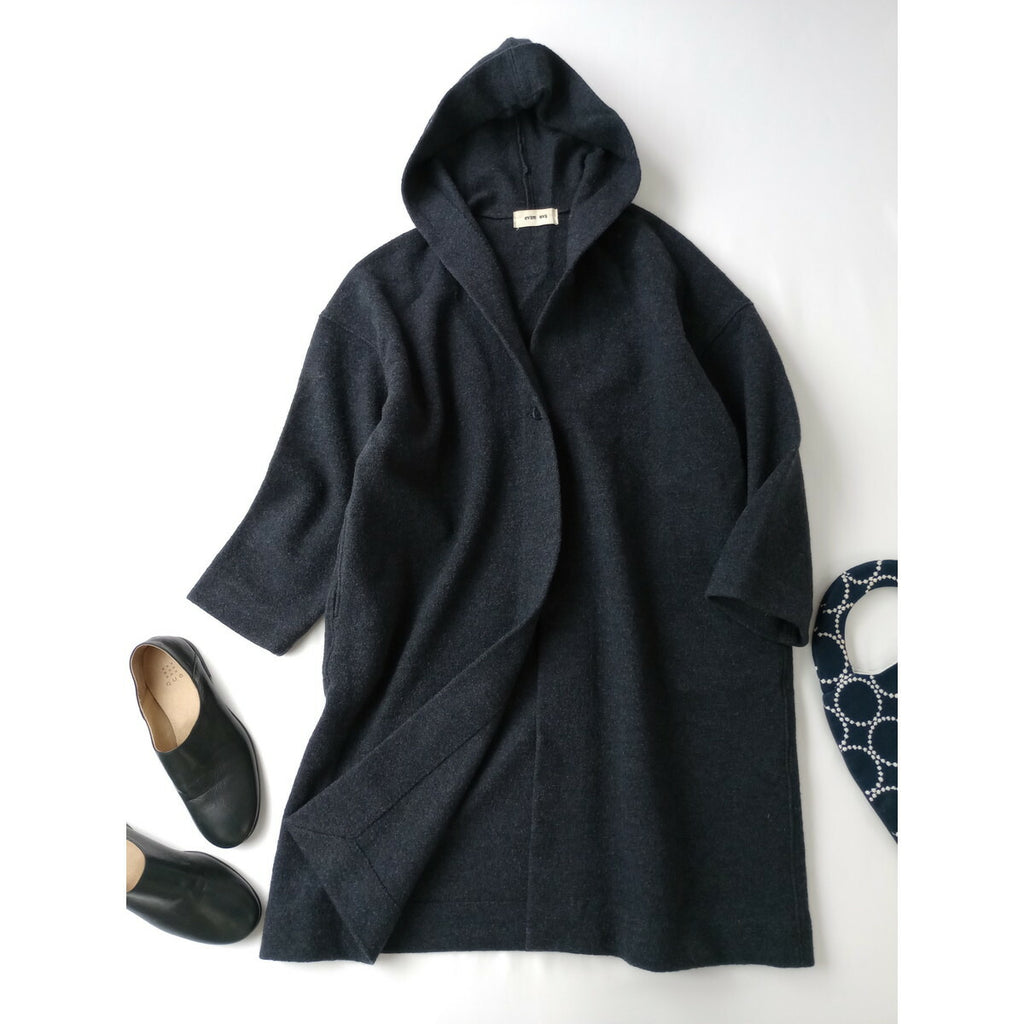 evam eva エヴァムエヴァ press wool hooded coat プレス ウール フーデッドロングコートフード圧縮 1 グレーがかったネイビー (20M＋1731)【中古】