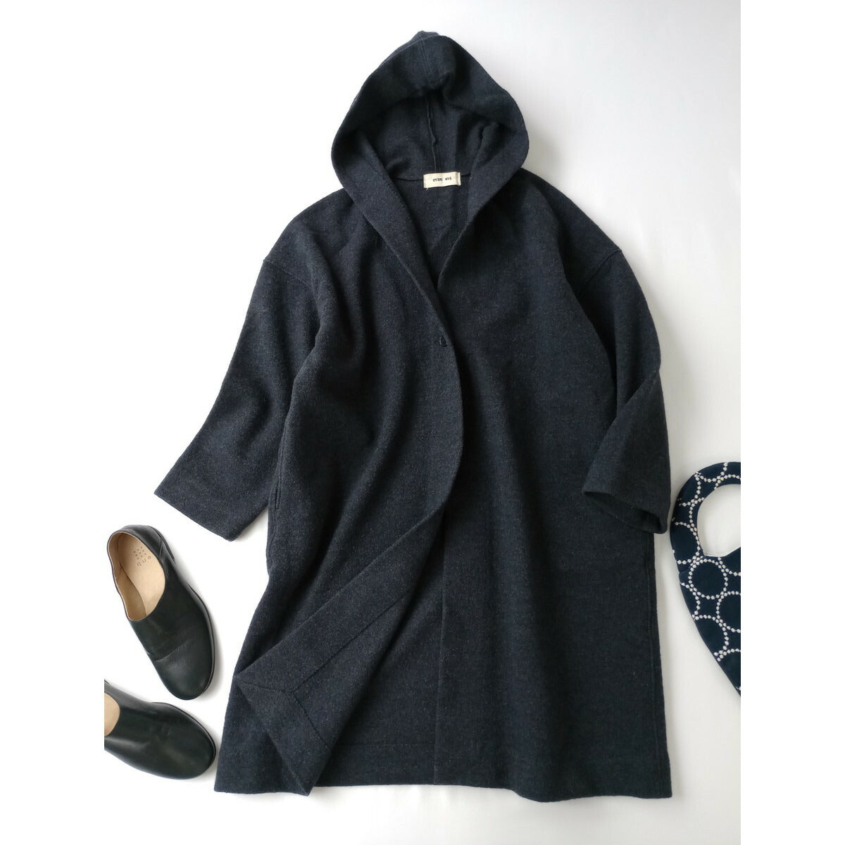 evam eva エヴァムエヴァ press wool hooded coat プレス ウール フーデッドロングコートフード圧縮 1 グレーがかったネイビー (20M＋1731)【中古】
