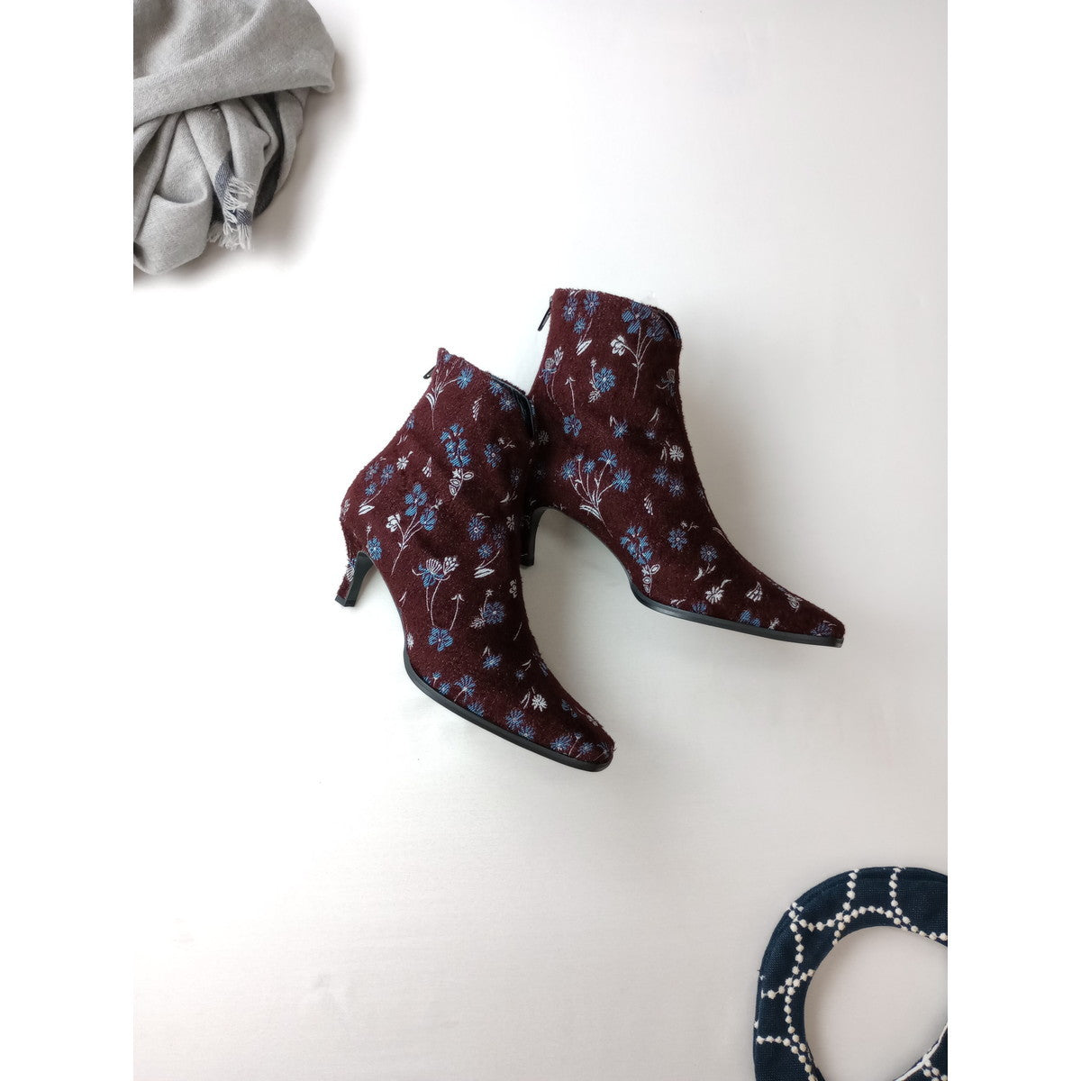 22AW Mame Kurogouchi マメ クロゴウチ Floral Jacquard Boots フローラルジャガード ブーツ ワインレッド 23.5 靴【中古】
