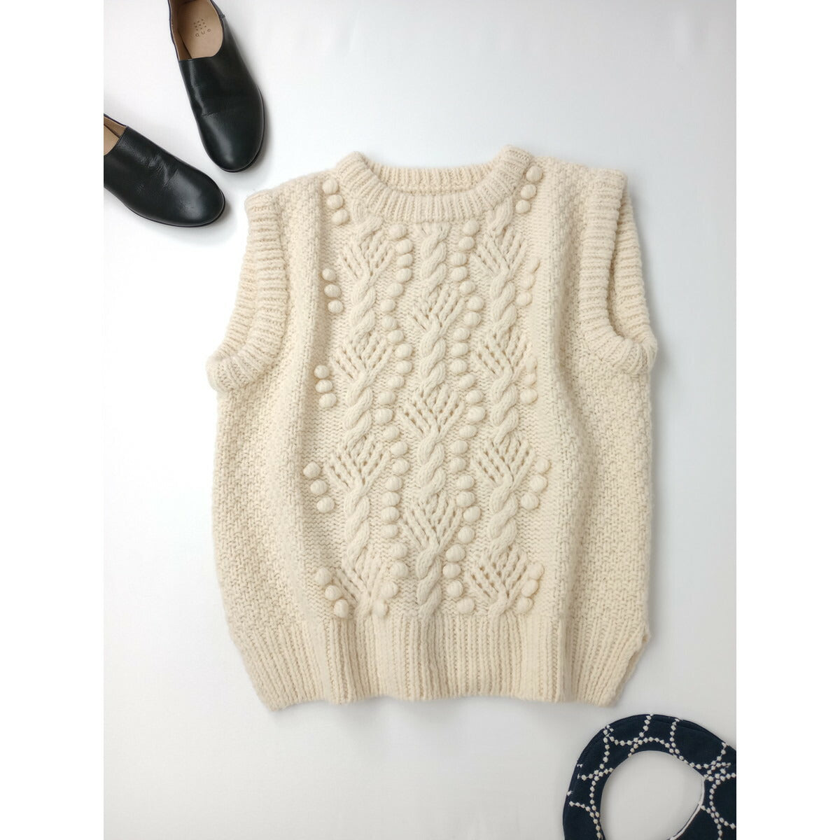 Cloth&Cross クロスアンドクロス ポップコーン編み ニット ベスト ウール 毛 100％ トップス アイボリー (22M＋0191)【中古】