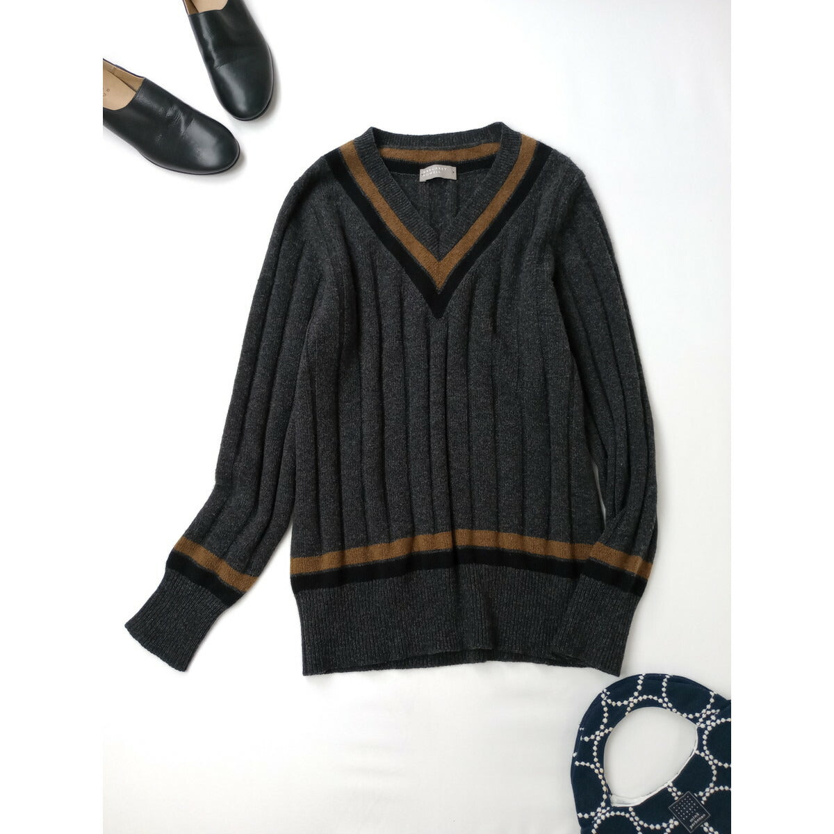 MARGARET HOWELLマーガレットハウエル スコットランドカシミヤ ウールVネック チルデン ニット トップス長袖 セーターグレー2(18M＋0221)【中古】