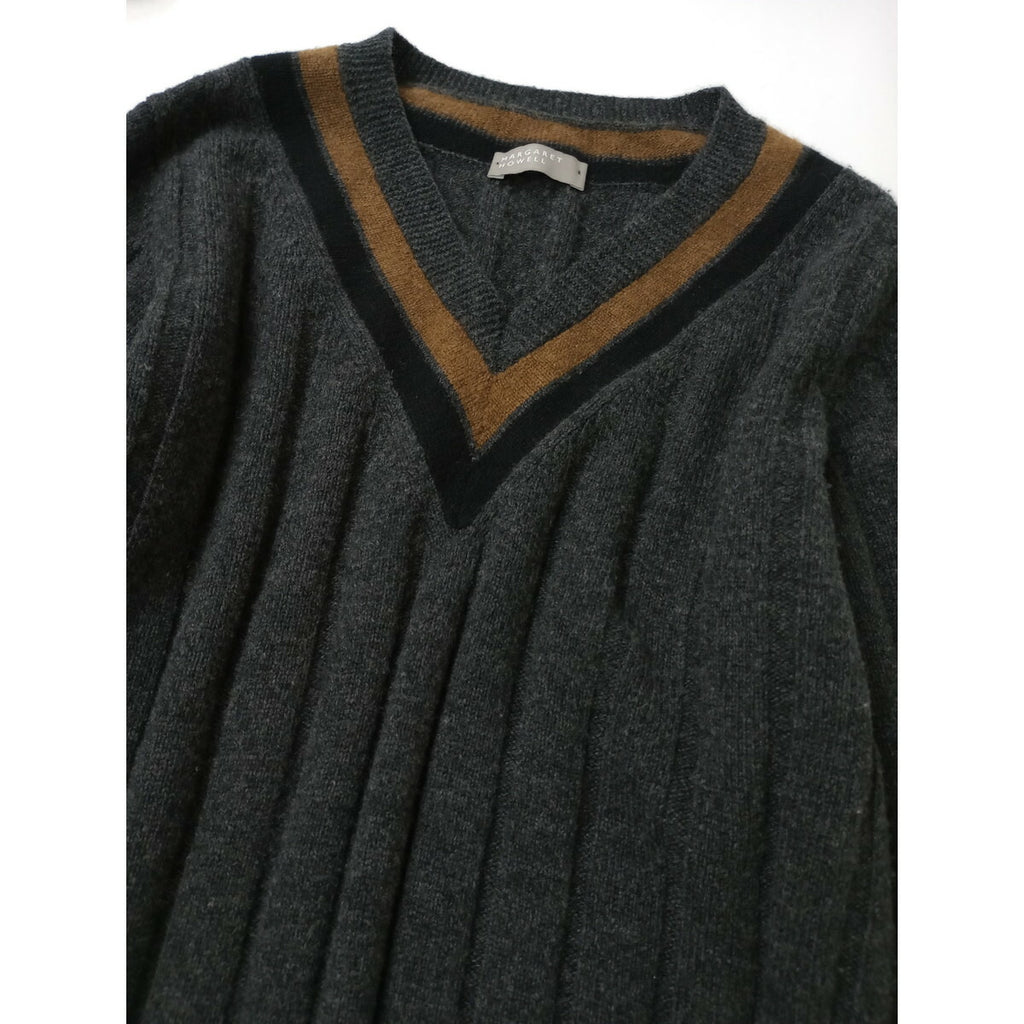 MARGARET HOWELLマーガレットハウエル スコットランドカシミヤ ウールVネック チルデン ニット トップス長袖 セーターグレー2(18M＋0221)【中古】