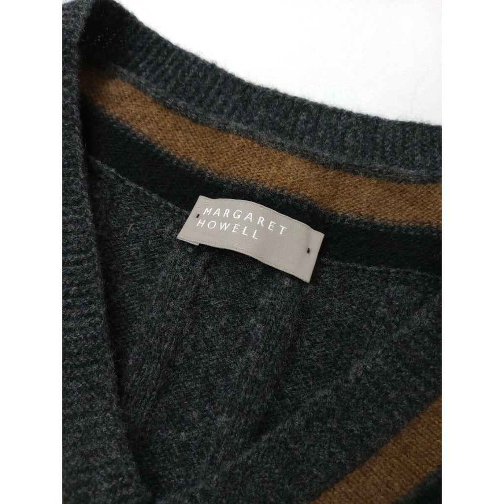 MARGARET HOWELLマーガレットハウエル スコットランドカシミヤ ウールVネック チルデン ニット トップス長袖 セーターグレー2(18M＋0221)【中古】