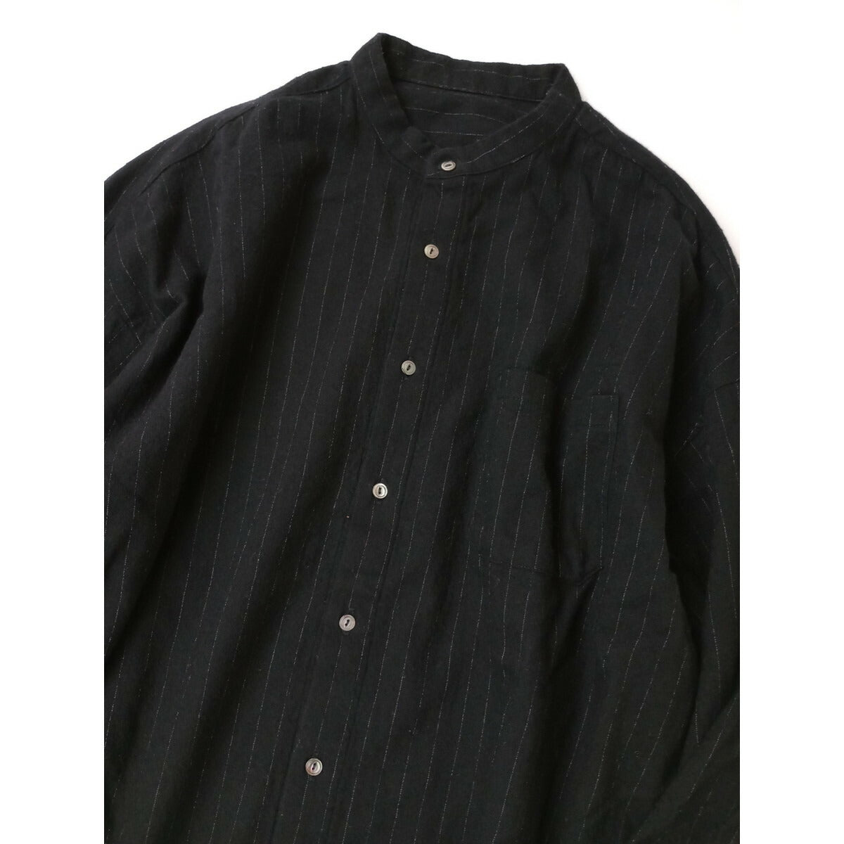 nest Robe ネストローブ ストライプ コットン ウール バンドカラー チュニック 長袖 ロング ワンピース 黒 ブラック F (15M＋9954)【中古】