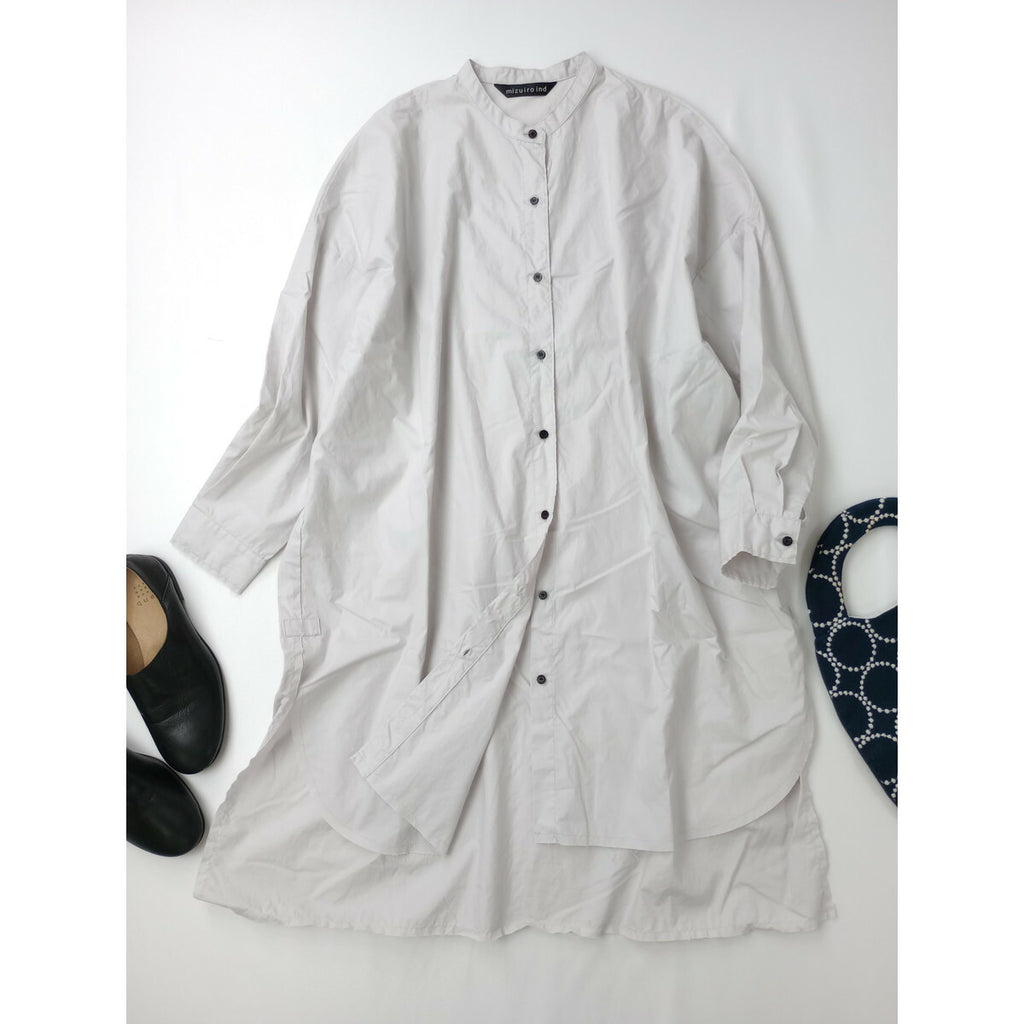 mizuiro ind ミズイロインド コットン 綿 100％ バンドカラー シャツ ワンピース 長袖 アイスグレー【中古】