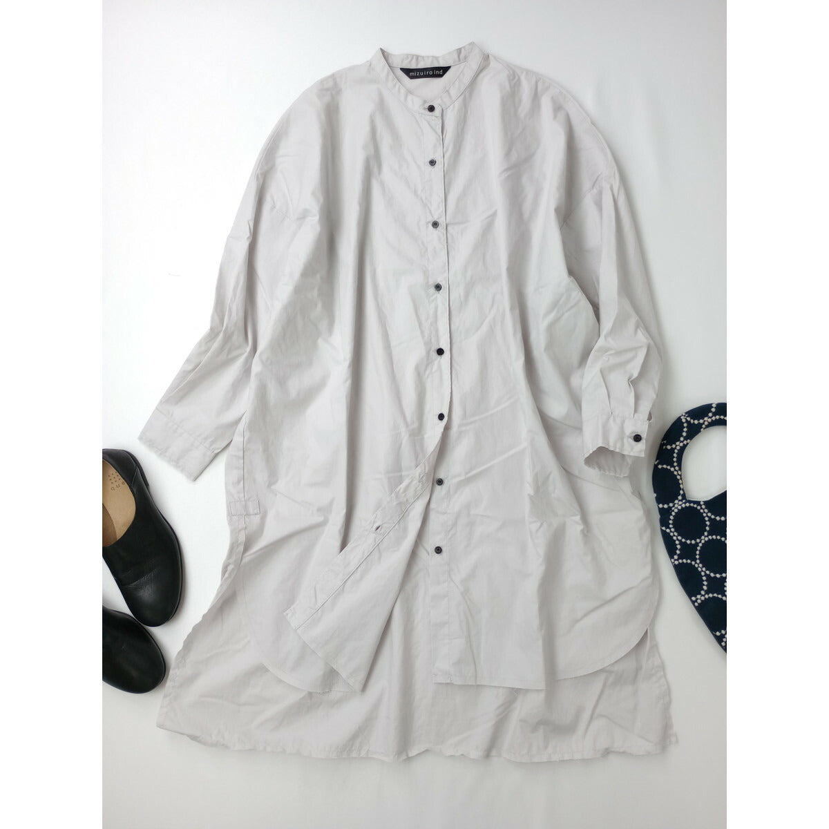 mizuiro ind ミズイロインド コットン 綿 100％ バンドカラー シャツ ワンピース 長袖 アイスグレー【中古】