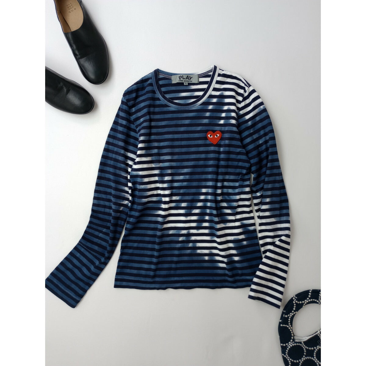 PLAY COMME des GARCONS コムデギャルソン タイダイ染め ボーダー 長袖 Tシャツ カットソー トップス ネイビー 白 S【中古】