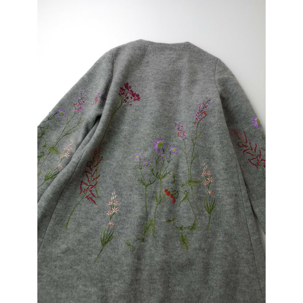 新品 sybilla シビラ ノーカラー ロング コート ウール 毛 100％ グレー L (15M＋0189)
