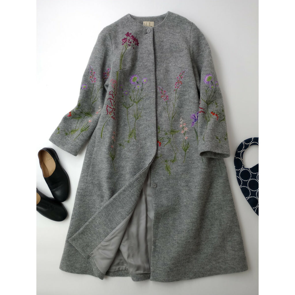 新品 sybilla シビラ ノーカラー ロング コート ウール 毛 100％ グレー L (15M＋0189)