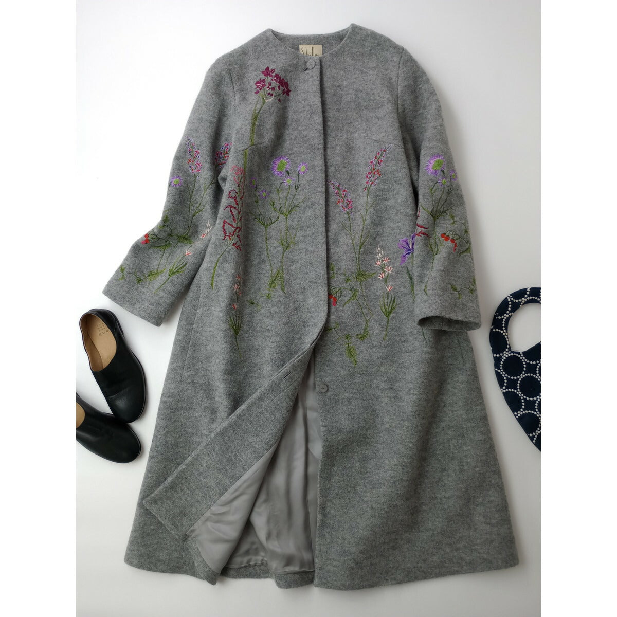 新品 sybilla シビラ ノーカラー ロング コート ウール 毛 100％ グレー L (15M＋0189)