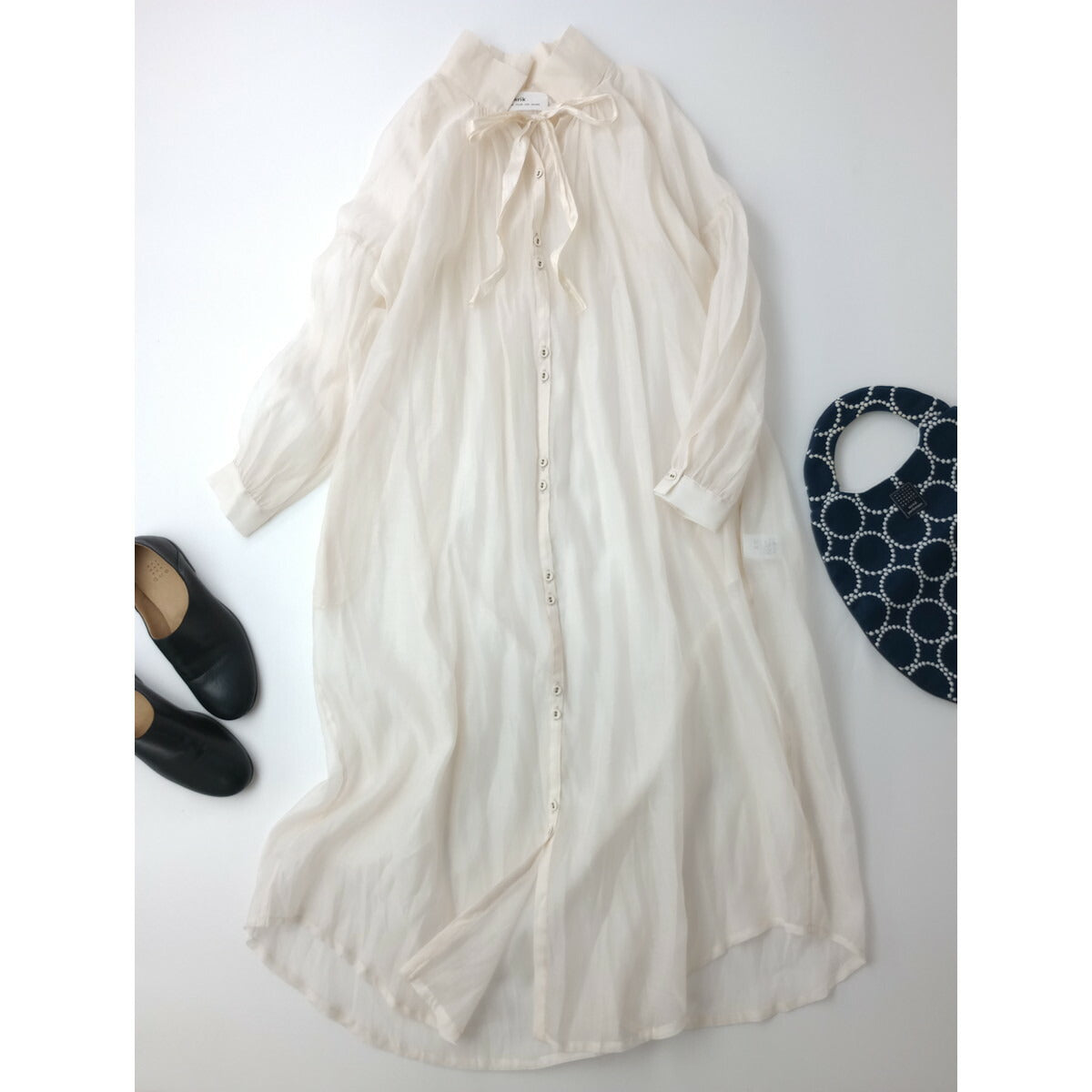 Tabrik タブリク cotton silk organzy shirtコットンシルク オーガンジーシアー シャツドレスワンピースアンティークリボン アイボリー【中古】