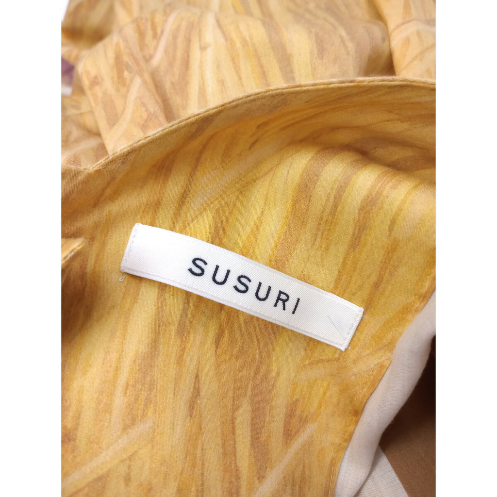 SUSURI ススリ ミュウドレス コットン シルク ロングワンピース イエロー 黄色 1 鳥 バード 柄  【中古】