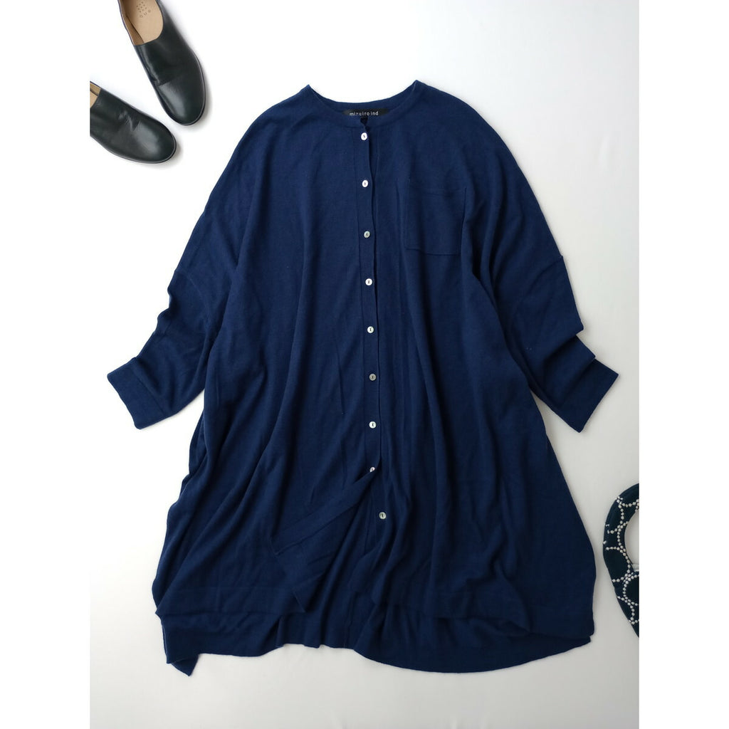 mizuiro ind ミズイロインド knitted stand collar shirt OP ウール 毛 混 長袖 ニット ワンピース カーディガン ブルー 青 ネイビー【中古】