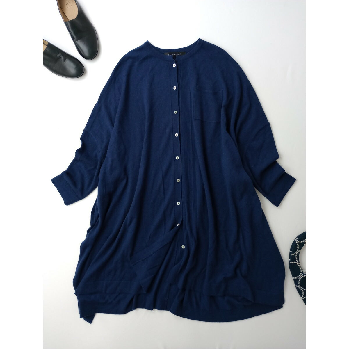 mizuiro ind ミズイロインド knitted stand collar shirt OP ウール 毛 混 長袖 ニット ワンピース カーディガン ブルー 青 ネイビー【中古】