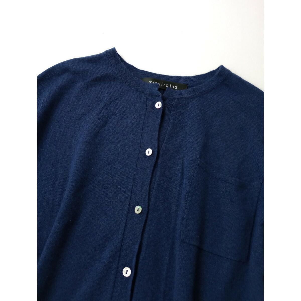 mizuiro ind ミズイロインド knitted stand collar shirt OP ウール 毛 混 長袖 ニット ワンピース カーディガン ブルー 青 ネイビー【中古】