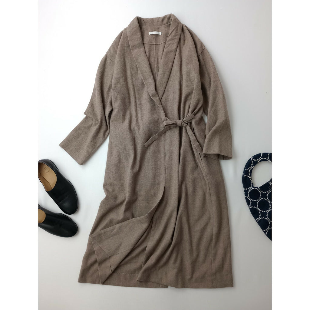 evam eva vie エヴァムエヴァ ヴィー shawl collar robe ショールカラー ローブ カーディガン 羽織 ウール 毛 100％ ブラウン ベージュ【中古】