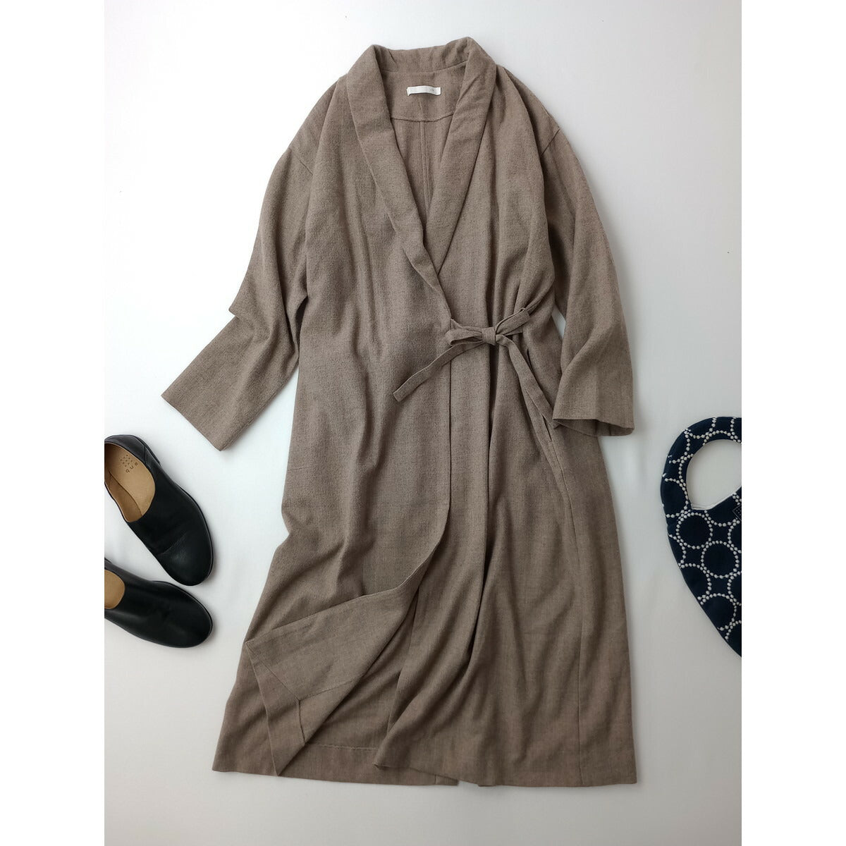 evam eva vie エヴァムエヴァ ヴィー shawl collar robe ショールカラー ローブ カーディガン 羽織 ウール 毛 100％ ブラウン ベージュ【中古】