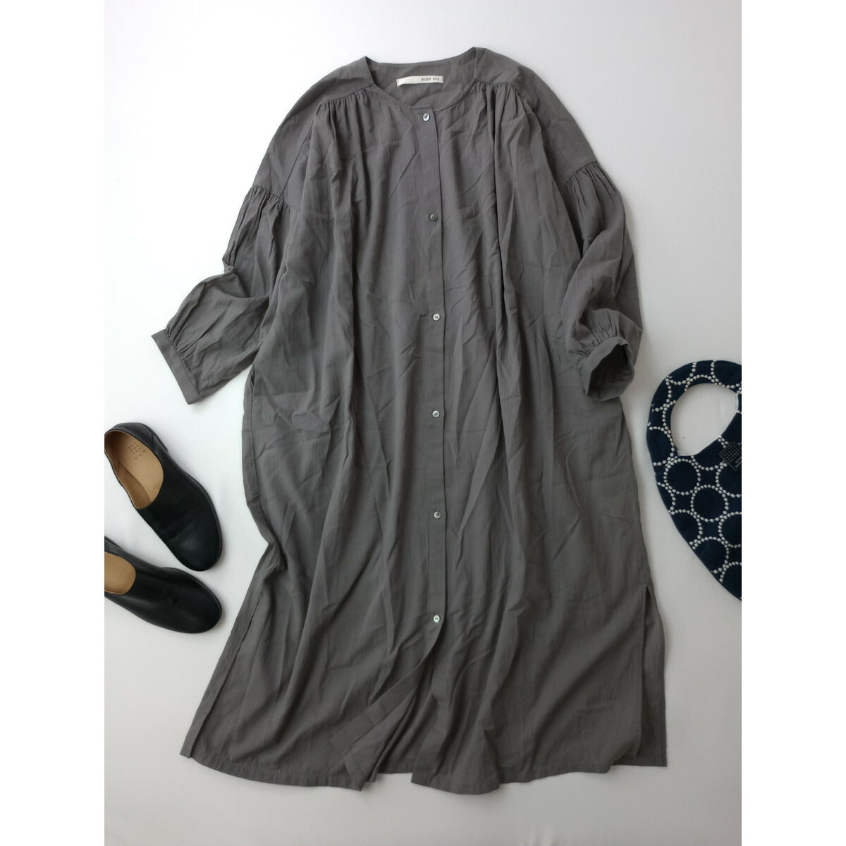 24SS evam eva エヴァムエヴァ コットン ギャザー ワンピース グレー【中古】