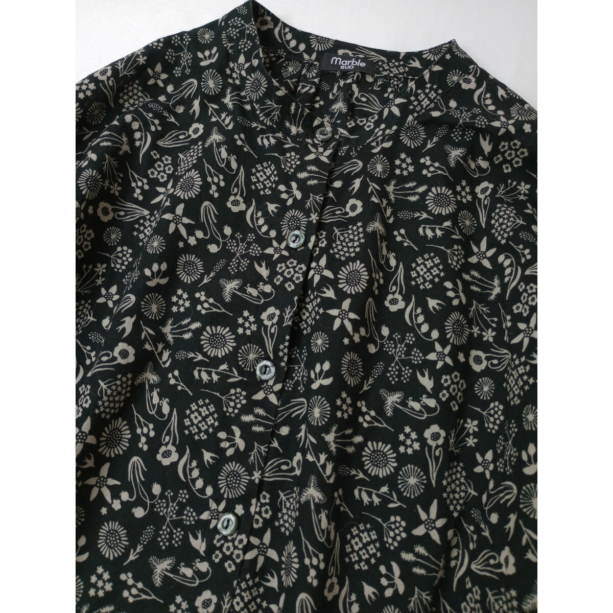 marble SUD マーブルシュッド コットン 綿 100％ 花柄 バンドカラー シャツ ブラウス 長袖 黒 ブラック【中古】