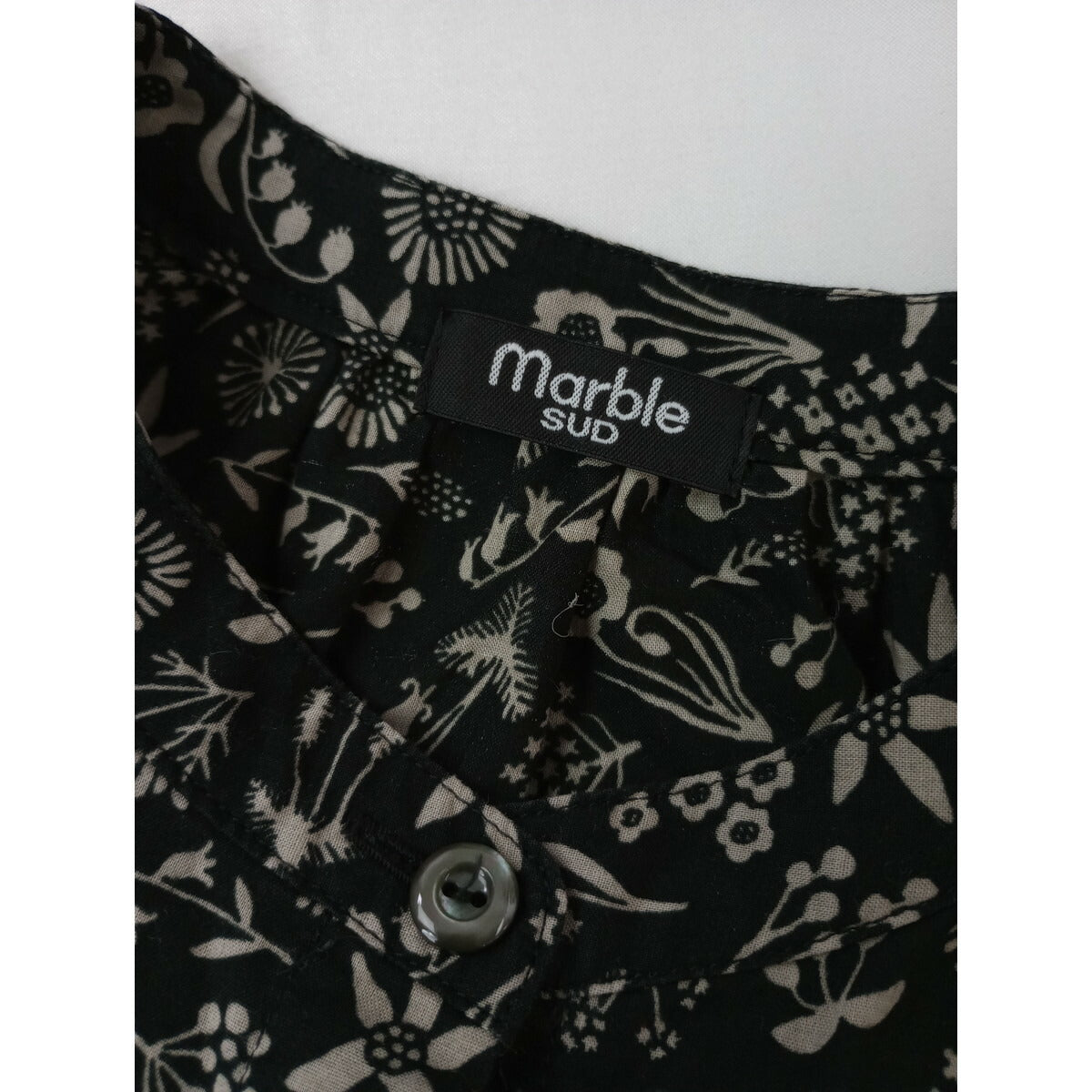 marble SUD マーブルシュッド コットン 綿 100％ 花柄 バンドカラー シャツ ブラウス 長袖 黒 ブラック【中古】