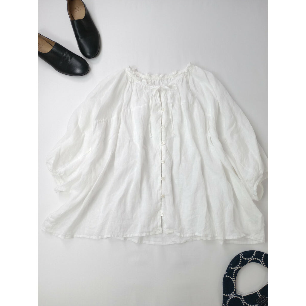 nest Robe ネストローブ リネン Vネック フリル ブラウス トップス ホワイト 白【中古】