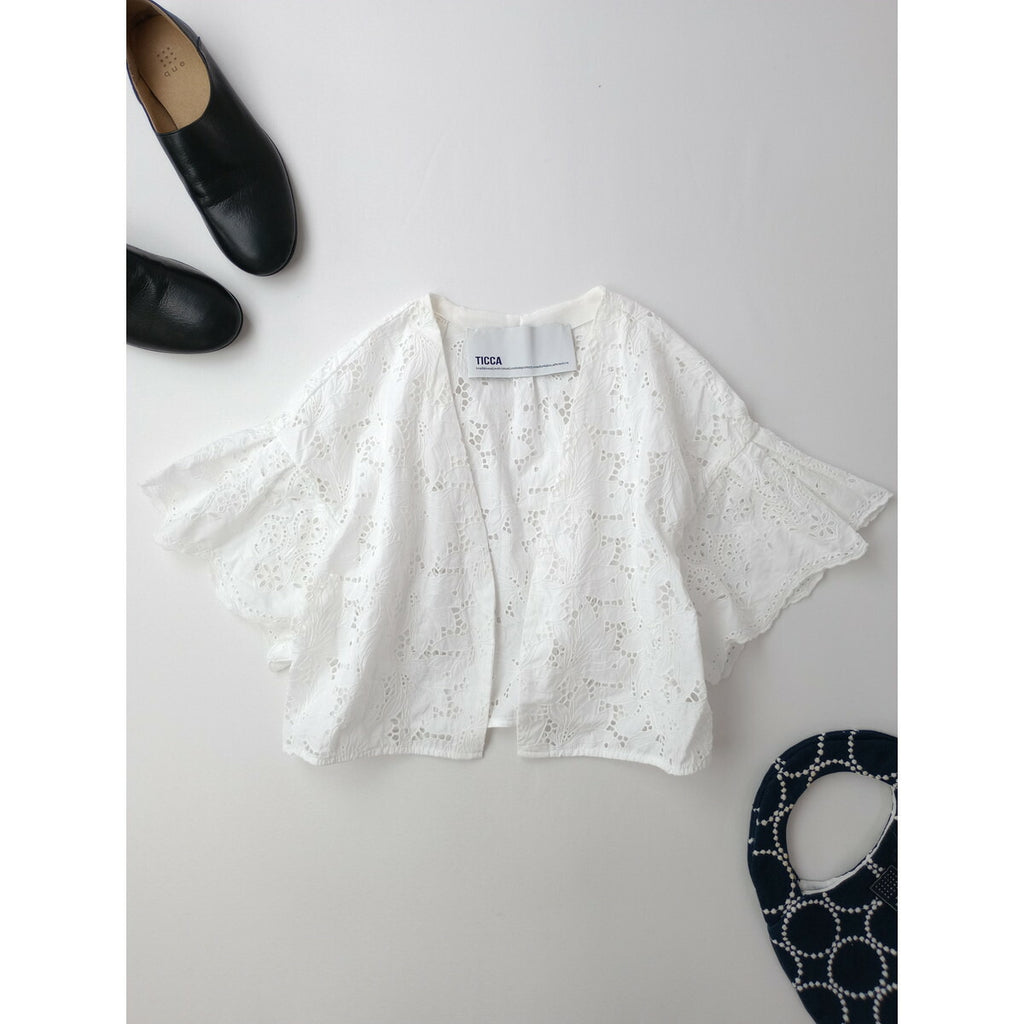 TICCA ティッカ 木蓮 コットン 綿 100％ フラワー 透かし編み レース ジャケット 白 ホワイト F【中古】