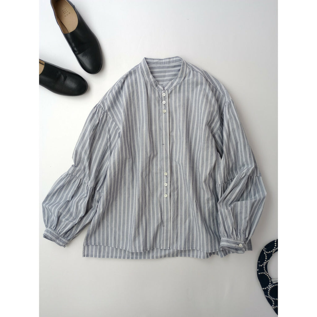 OUVERT ウーヴェル コットン 綿 100％ ストライプ 長袖 シャツ ブルーグレー F【中古】