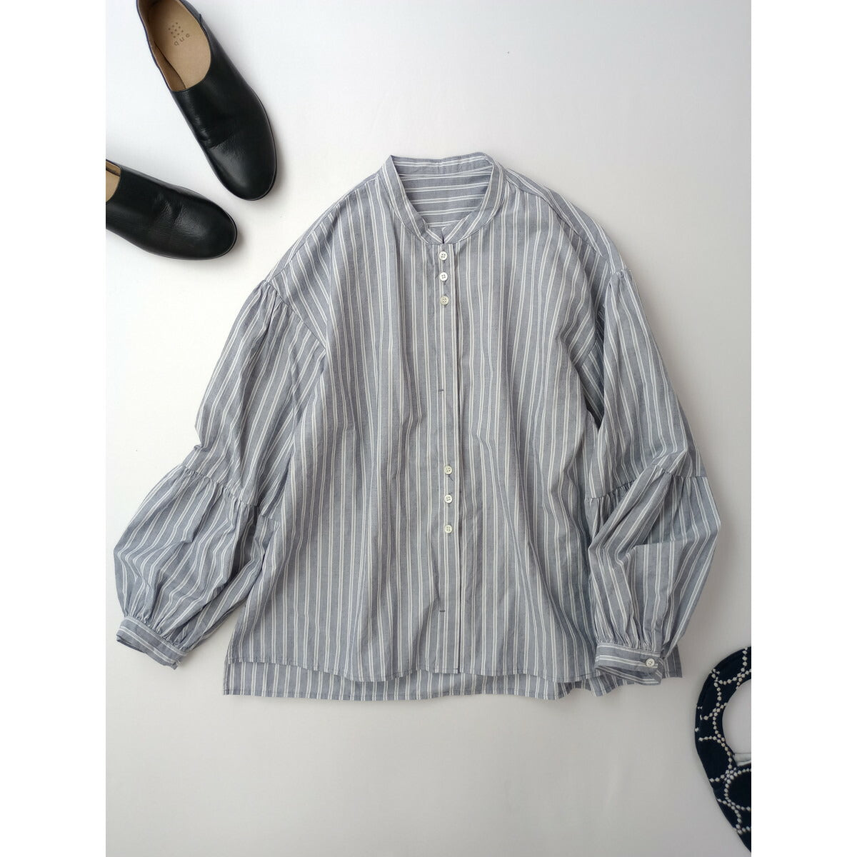 OUVERT ウーヴェル コットン 綿 100％ ストライプ 長袖 シャツ ブルーグレー F【中古】