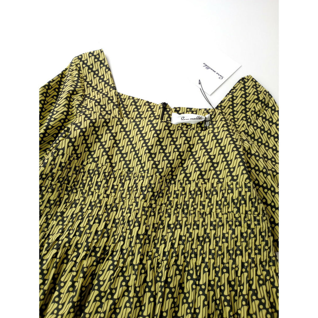 新品 SARA MALLIKA サラマリカ GEOMETRIC PATTERN DRESS 総柄 半袖 ロング ワンピース 黒 ブラック グリーンイエロー【中古】