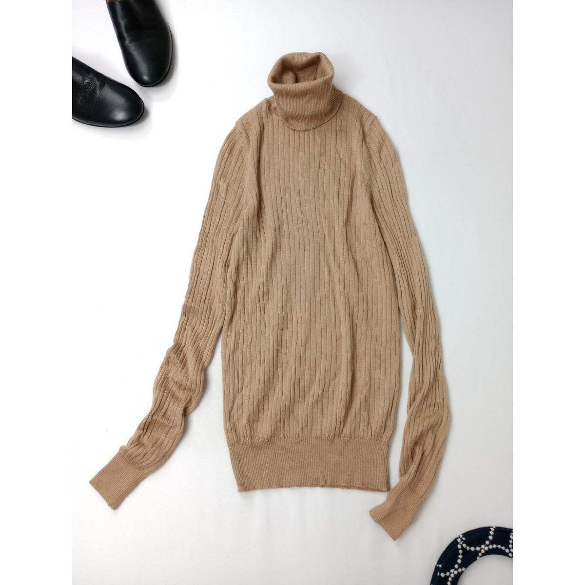 Drawer ドゥロワー 18G カシミヤ シルク リブ タートルネック ニット トップス 長袖 ベージュ 1【中古】