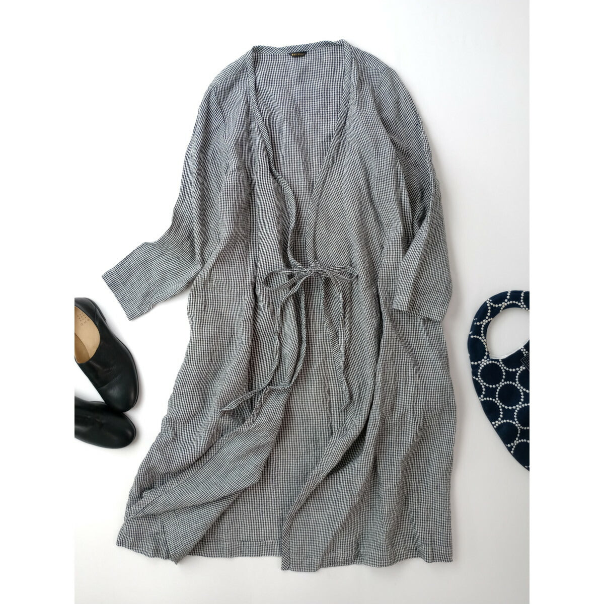 R&D.M.Co- OLDMANS TAILOR オールドマンズテーラー ローブ コート チェック 柄 ロング カーディガン 羽織 リネン 麻 100％ 白黒【中古】
