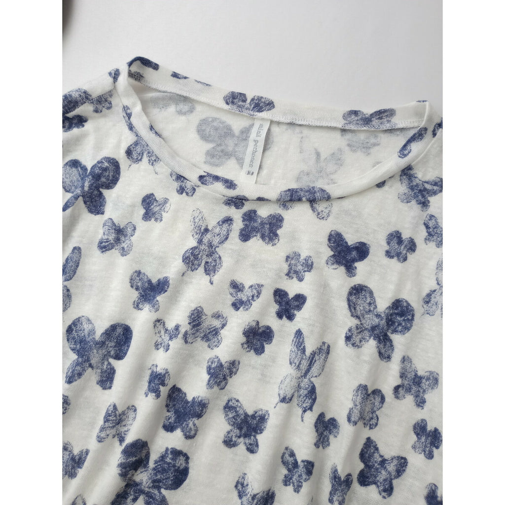 mina perhonen ミナペルホネン memoria リネン 麻 100％ 七分袖 カットソー トップス ネイビー 白【中古】