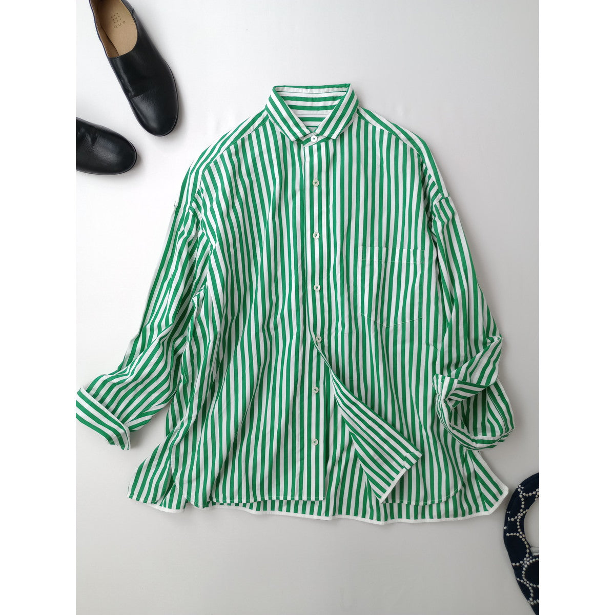 TICCA×MMN ティッカ 別注カラー スクエアビッグシャツ ストライプ グリーン 【中古】