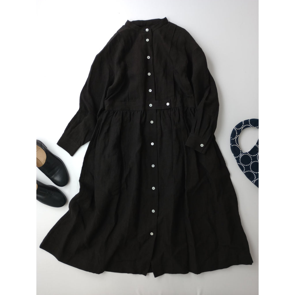 MAGALI マガリ リネン 麻 100％ タック ギャザー ロング ワンピース ドレス 黒 ブラック 【中古】
