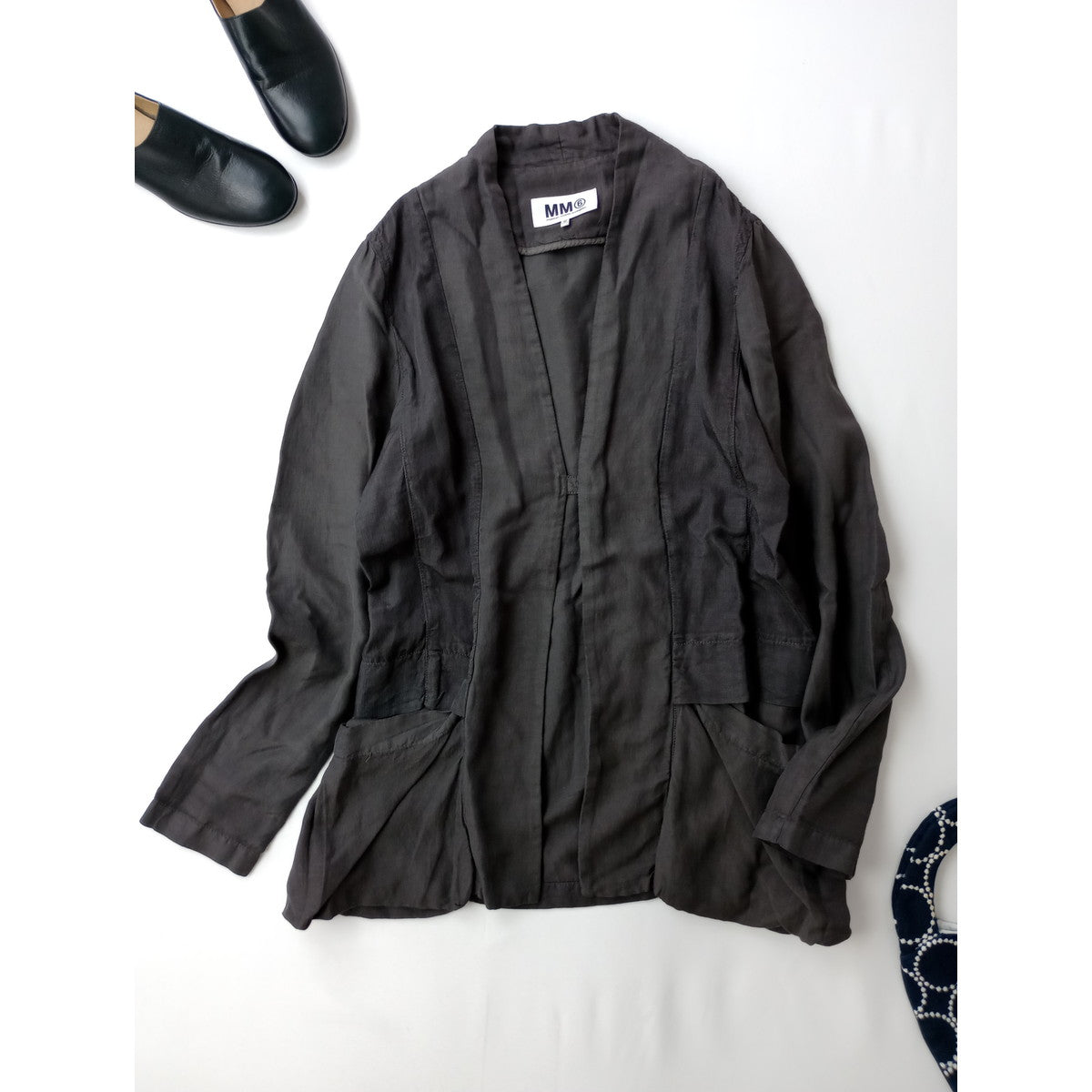 MM6 Maison Margiela マルタンマルジェラ コットン リネン 混 ノーカラー ジャケット カーディガン 羽織  ダークブラウン 42 【中古】