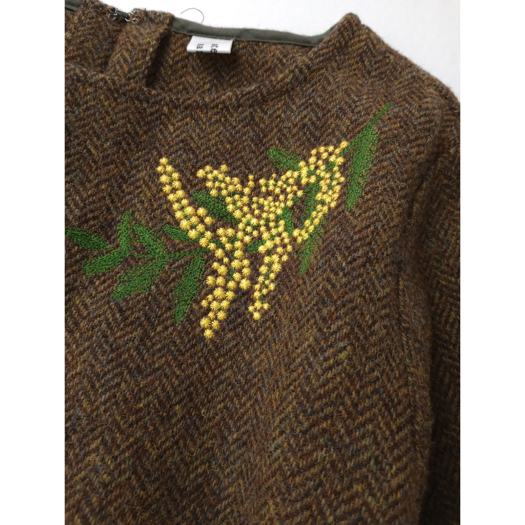 atelier naruse アトリエナルセ ミモザ刺繍 ウールスモックブラウス ヘリンボーン ツイード ブラウン (6M＋0027) 【中古】