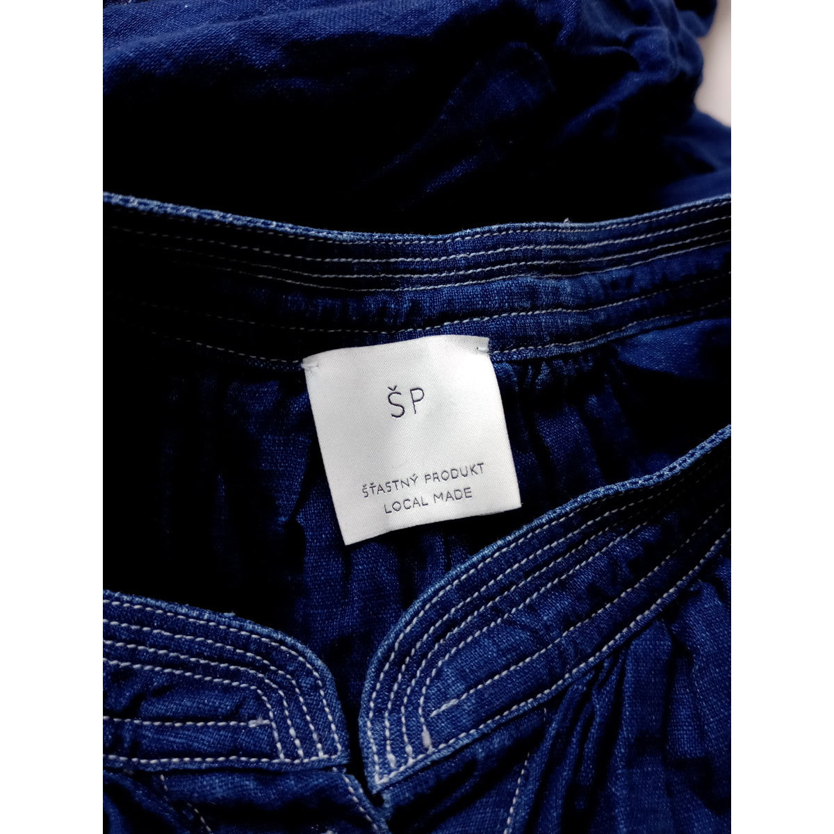 SP エシュペー リネン 麻 100％ ギャザー スモッグ ロングワンピース ドレス ネイビー 【中古】