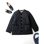Traditional Weatherwear トラディショナルウェザーウェア ARKLEY EX.SLOBE レオパード キルティング ノーカラー 中綿 ジャケット 黒 ブラック 38 (6M＋0859)【中古】